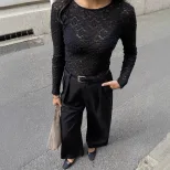 Lace Hollow Out T Shirt Pearl Button Split Hem Fitted Bell Sleeve Casual Wear for Women OEM Avai