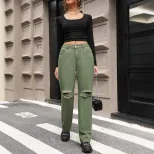 Womens Distressed Wide Leg Straight Jeans Casual Style European and American Fashion Perfect for