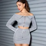 Off Shoulder Long Sleeve Crop Top Stylish Design High Waist Drawstring Fall Fashion Perfect for