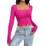 Womens Slim Fit Long Sleeve T Shirt Fashionable Versatile Short Length Barbie Pink Spring Summer