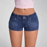 Embroidered High Waisted Denim Shorts Casual Style Stretch Fabric Suitable for Summer Wholesale