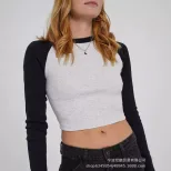 Long Sleeve Cropped T Shirt Slim Fit Color Block Raglan Sleeve Knit Fabric Casual Wear for Autum