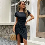Summer Casual Solid Color Bodycon Dress Irregular Hem Elegant Fit Versatile Style Wholesale Avai