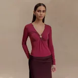 V Neck Slim Fit T Shirt Burgundy Color Soft Fabric Spring Summer Style Perfect for Casual Wear W