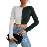 Color Blocked Waffle Knit Long Sleeve T Shirt Exposed Stitching Short Length Versatile Style Aut