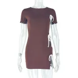 Fashionable Womens Bodycon Dress Ruffled Design Tie Waist High Neck Short Length Split Hem Perfe