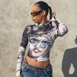 Womens High Waisted Cropped T Shirt Sexy Sheer Mesh Round Neck Long Sleeve Face Print Casual Wea