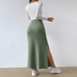 Elegant High Waisted Midi Skirt Simple Design Side Slit Slim Fit Spring Summer Womens Fashion Wh
