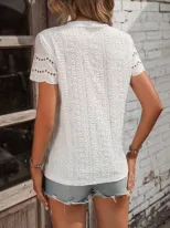 Casual Short Sleeve V Neck Shirt Summer Ready Solid Color Pleated Design Embroidered Details Who