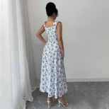 Sweet Floral Print Maxi Dress Square Neck Sleeveless High Slit Summer Casual Wear Wholesale Avai