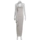 Elegant Halter Neck Bodycon Dress Slim Fit Flowing Ribbons High Quality Fabric Evening Wear Cock