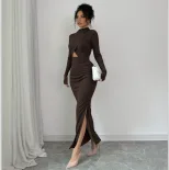 Elegant Long Sleeve Bodycon Dress Sexy Side Slit Waist Cutout Mid Length Spring Summer Fashion W
