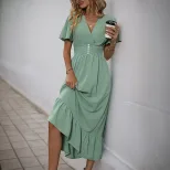 Summer Ruffle Hem Maxi Dress V Neck Fresh Green Elegant Design Perfect for Casual Outings Wholes