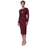Slim Fit Hollow Out Long Sleeve Dress Solid Color Round Neck Bodycon Side Slit Elegant for Eveni