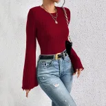 Round Neck Bell Sleeve Burgundy T Shirt Spring Summer Fashion Versatile Office Wear Wholesale Av