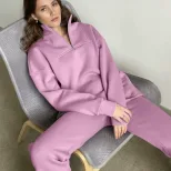 Womens Casual Solid Color Cotton Hoodie Set Zipper Fleece Lined Loose Fit Ideal for Sports and E