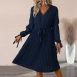 Womens Long Sleeve Hollow Out Dress Solid Color V Neck European and American Design Perfect for
