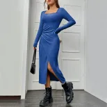 Slim Fit Bodycon Midi Dress Square Neck Long Sleeve Side Slit Elegant Office Wear for Spring Sum