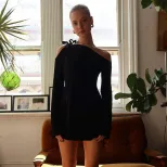 Off Shoulder Long Sleeve Bodycon Dress Slim Fit Solid Color Adjustable Straps Evening Wear Cockt