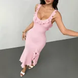 Pink Ruffled Backless Maxi Dress Slim Fit High Slit Summer Style Perfect for Parties and Events