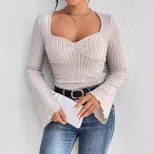 Elegant Womens T Shirt Square Neck Flared Sleeves Slim Fit Spring Summer Casual Wear Wholesale A