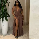 Sleeveless Deep V Neck Split Back Dress Solid Color High Slit Waist Defining Elegant Style Perfe