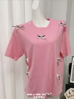 Womens Short Sleeve T Shirt Sweet Bow Design Loose Fit Round Neck Cotton Fabric Spring Summer Ca