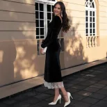 French Velvet Long Dress Black Elegant Waist Defined Autumn Winter Fashion Wholesale Available