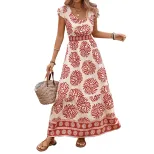 Vintage Inspired Geometric Floral Print Dress Summer Collection Waist Defined Elegant Style Whol