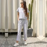 Two Piece Striped Casual Set Short Sleeve Round Neck Trendy Design Perfect for Summer Outings Wholesale Availabl