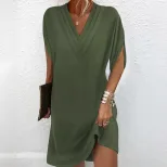 Womens Spring Summer V Neck Batwing Sleeve Dress Pleated Design Elegant Style Perfect for Casual