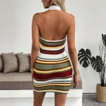 Vintage Striped Bodycon Dress Simple Design Halter Neck Slim Fit Perfect for Parties and Dates W