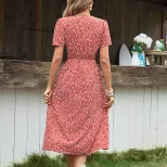 Vintage Floral Split Maxi Dress Sweet V Neck Summer Style Comfortable Fit Wholesale Available
