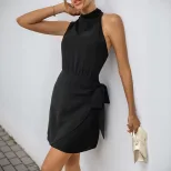 Sleeveless Black Midi Dress Elegant Halter Neck Minimalist Style Perfect for Casual and Evening