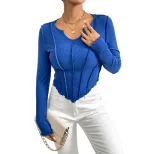 Womens Knit Long Sleeve T Shirt Slim Fit V Neck Asymmetrical Design Exposed Stitching Winter Fas