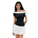Elegant Black and White Color Block Sleeveless Top Slim Fit Off Shoulder Bow Tie Detail Perfect