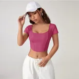 Irregular Square Neck Knit Short Sleeve T Shirt Slim Fit Short Length Stylish Design Casual Wear