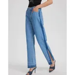High Waisted Straight Leg Jeans Vintage Inspired Casual Split Hem Design Womens Fashion for Ever