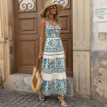 Floral Print Tiered Maxi Dress Sleeveless Bohemian Style Vacation Ready Wholesale Available cust