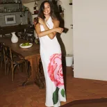 Fashion Floral Print Sleeveless Maxi Dress Sexy Off Shoulder Design Elegant Draped Neckline Perf