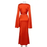 Fashionable Womens Long Sleeve V Neck Maxi Dress with Tie Detail Elegant Low Waist Design Perfec