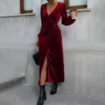 Velvet Midi Dress Elegant Burgundy Color Party Style Spring Summer Collection Wholesale Availabl