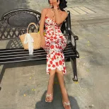 Vintage French Style Floral Print Tie Waist Maxi Dress Slim Fit Sleeveless Beach Vacation Wholes