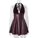 Sexy V Neck Backless PU Leather Spliced Dress Elegant Silhouette Autumn Fashion Perfect for Part