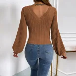 V Neck Puff Sleeve Knit Top Slim Fit Casual Style Elegant Design Perfect for Office Wear Wholesa