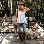 Summer Vacation Style V Neck Short Sleeve Ruffle Hem Loose Fit Top Lightweight Flattering Versat