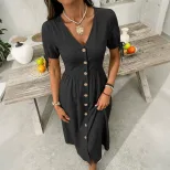 Summer Casual V Neck Short Sleeve Dress Solid Color Beach Vacation Style Wholesale Available OEM