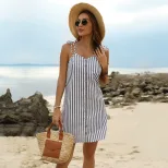 A Line Striped Summer Dress Slim Fit Waist Tie Spaghetti Straps Casual Wear for Women Wholesale