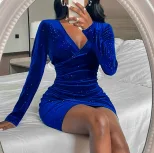 Velvet Bodycon Dress Long Sleeve V Neck Ruched Split Hem Shimmering Evening Party or Cocktail We