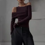 Slim Fit Long Sleeve Knit Top Solid Color Asymmetrical Neckline Versatile Style Spring Womens Fa